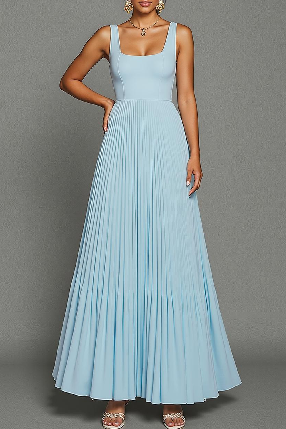 Modecrush Sky Blue A-Line Square Neck Chiffon Pleated Long Formal Dress 