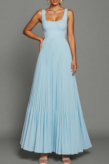 Modecrush Sky Blue A-Line Square Neck Chiffon Pleated Long Formal Dress 