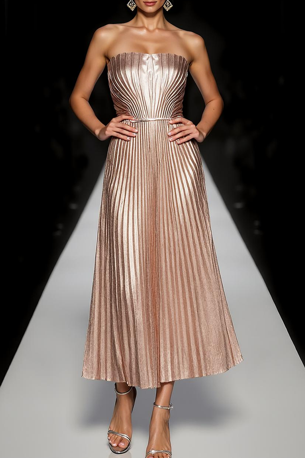 Modecrush Champagne A-Line Strapless Metallic Satin Pleated Formal Dress 