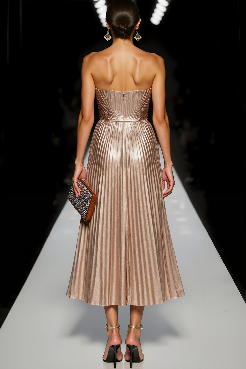 Modecrush Champagne A-Line Strapless Metallic Satin Pleated Formal Dress 