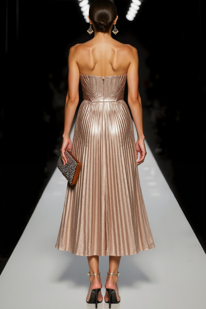 Modecrush Champagne A-Line Strapless Metallic Satin Pleated Formal Dress 