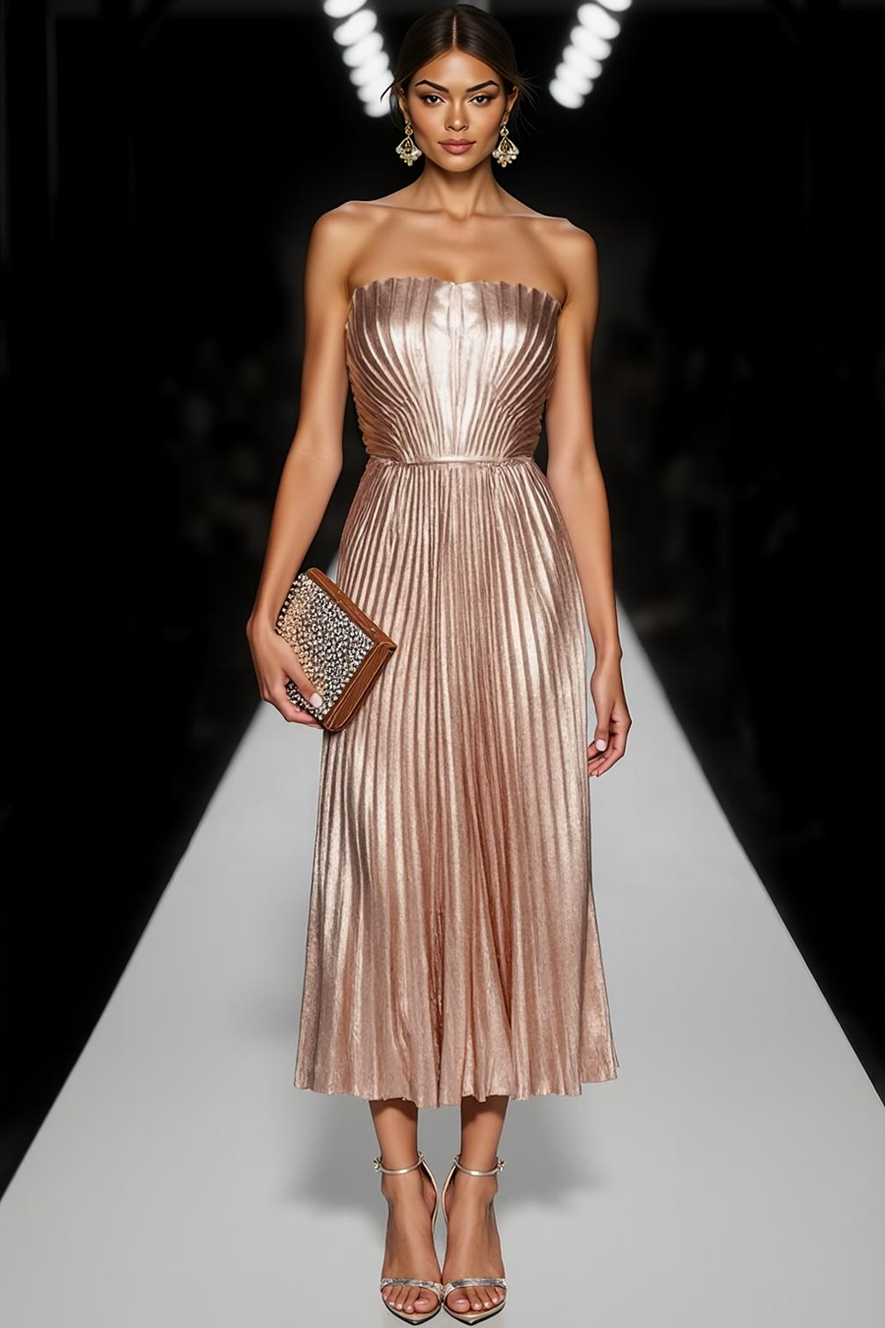 Modecrush Champagne A-Line Strapless Metallic Satin Pleated Formal Dress 