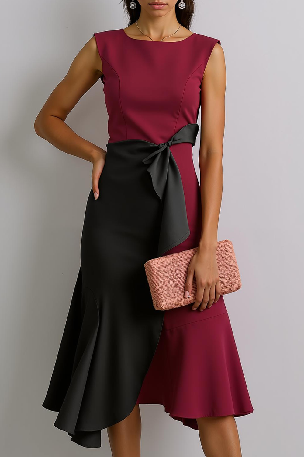 Modecrush Cabernet A-Line Crew Neck Splicing Formal Dress 