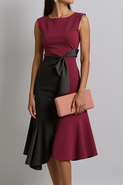 Modecrush Cabernet A-Line Crew Neck Splicing Formal Dress 