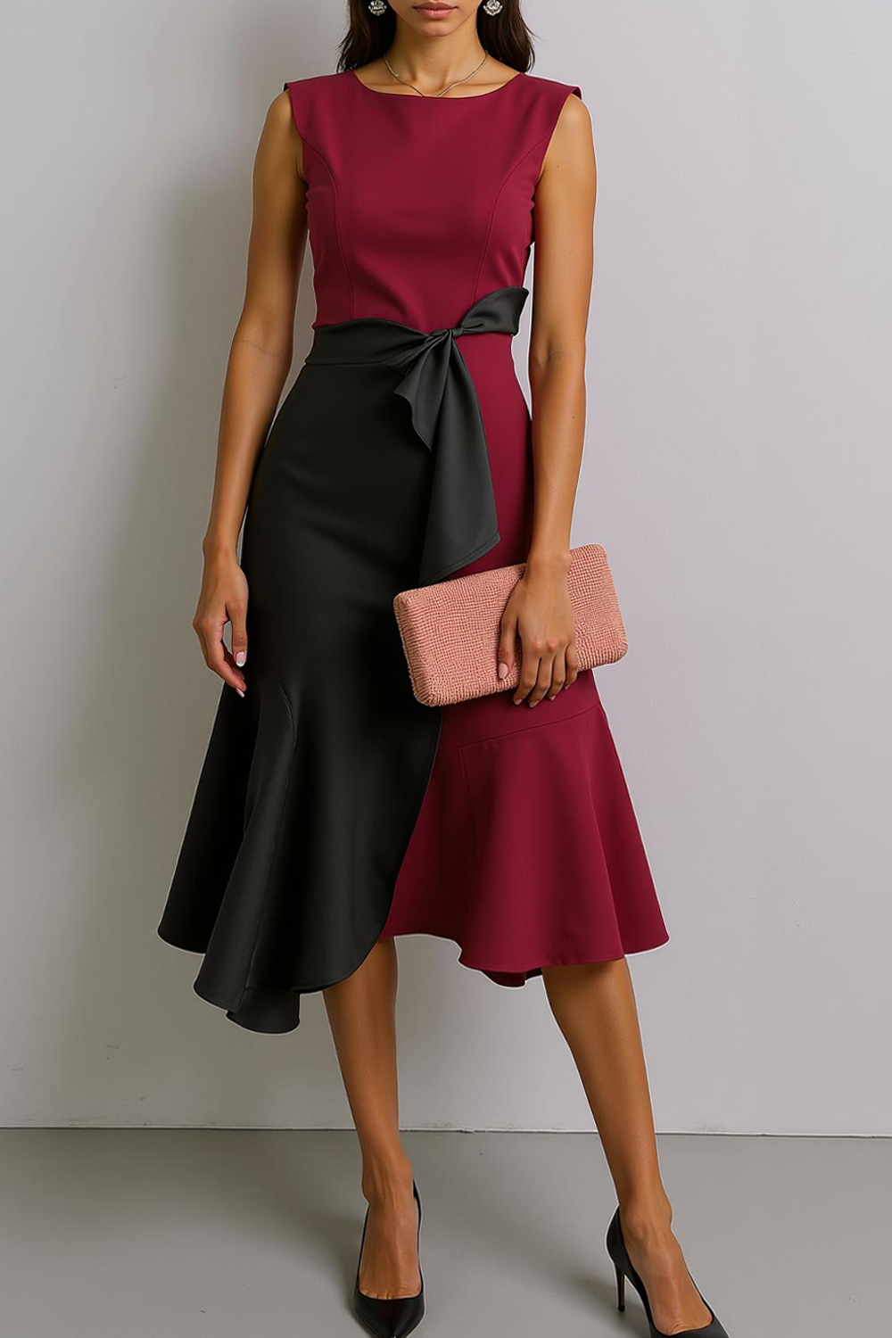 Modecrush Cabernet A-Line Crew Neck Splicing Formal Dress 