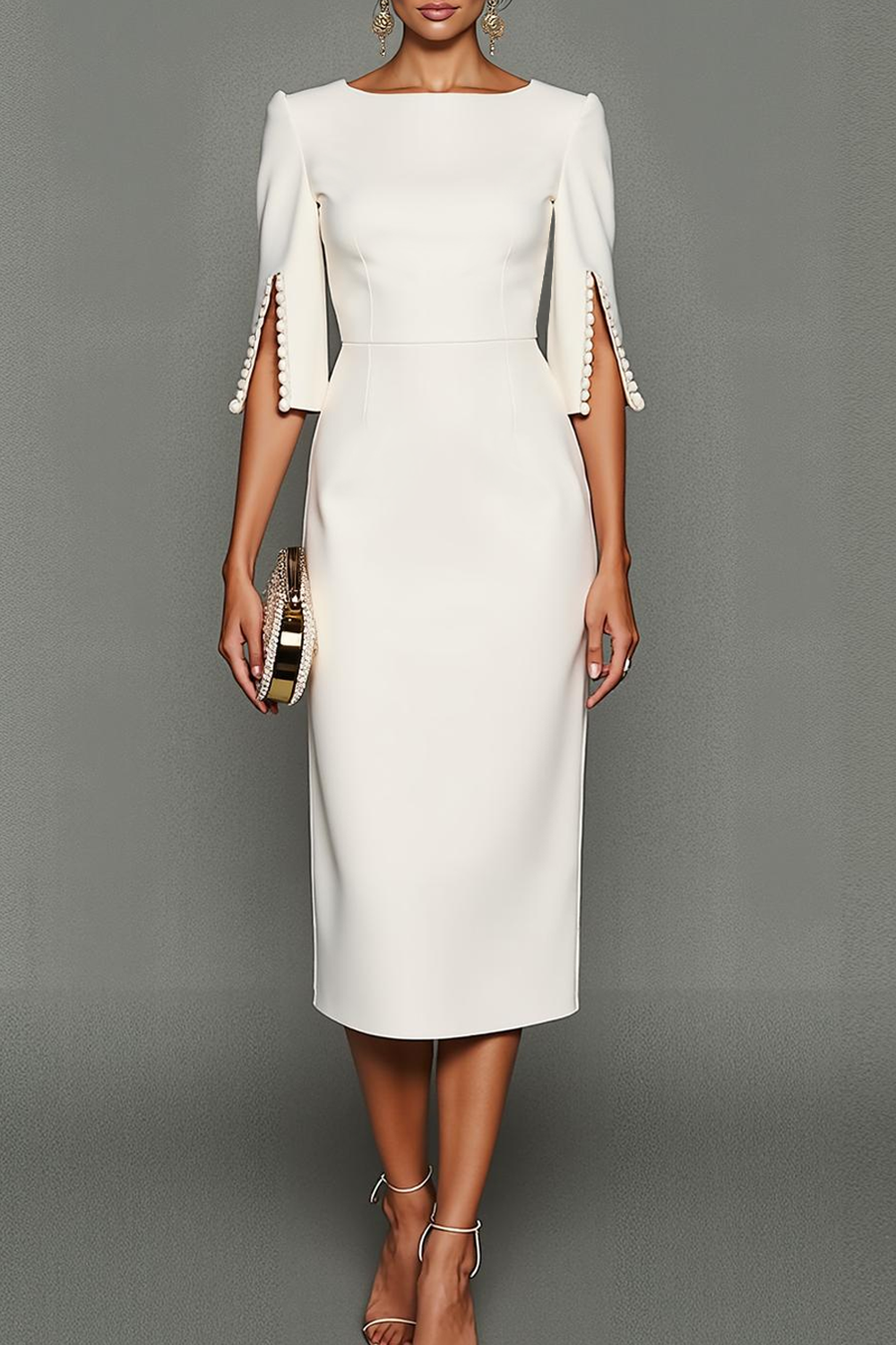 Modecrush Sheath White Crew Neck Half Sleeves Formal Dress with Slit