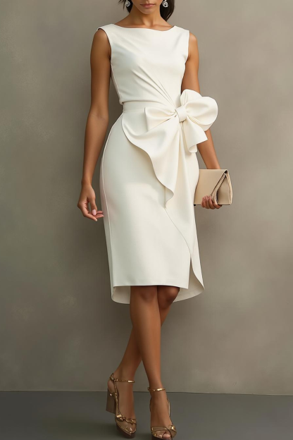 Modecrush Sheath White Crew Neck Sleeveless Formal Dress with Bow