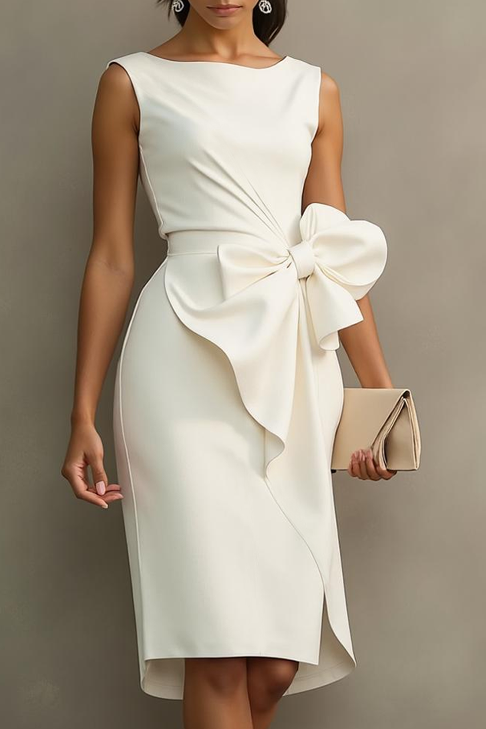 Modecrush Sheath White Crew Neck Sleeveless Formal Dress with Bow