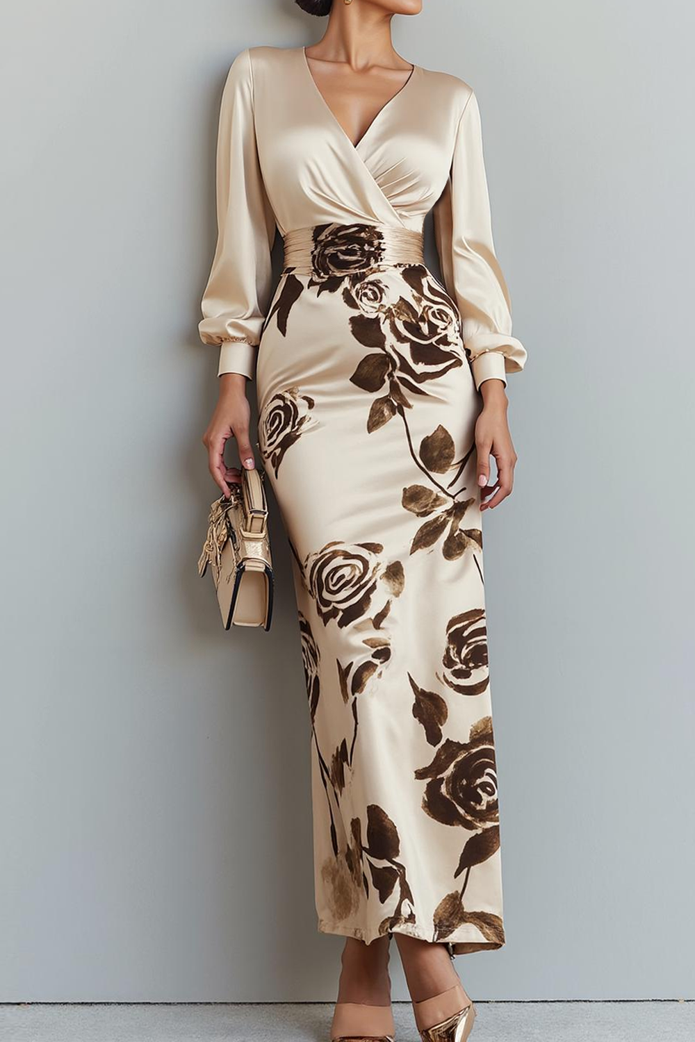 Modecrush Floral Champagne Sheath V-Neck Long Sleeve Formal Dress 
