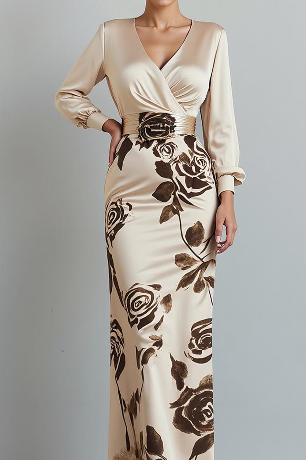 Modecrush Floral Champagne Sheath V-Neck Long Sleeve Formal Dress 