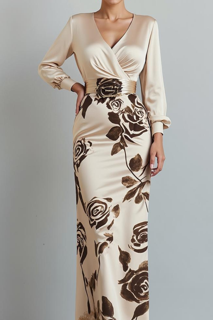 Modecrush Floral Champagne Sheath V-Neck Long Sleeve Formal Dress 