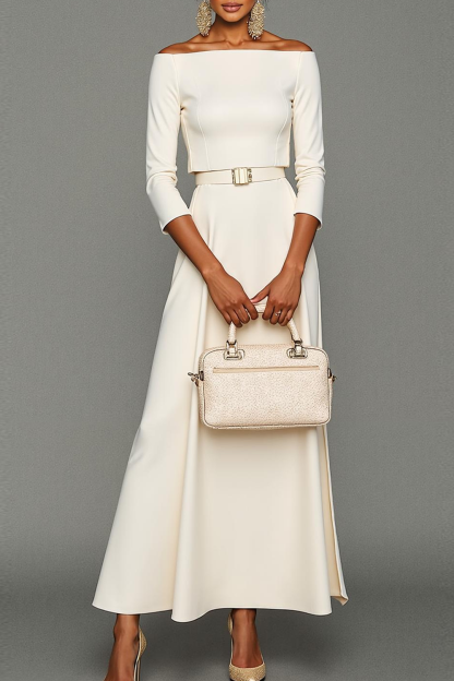 Modecrush A-Line White Off the Shoulder Long Formal Dress with Belt
