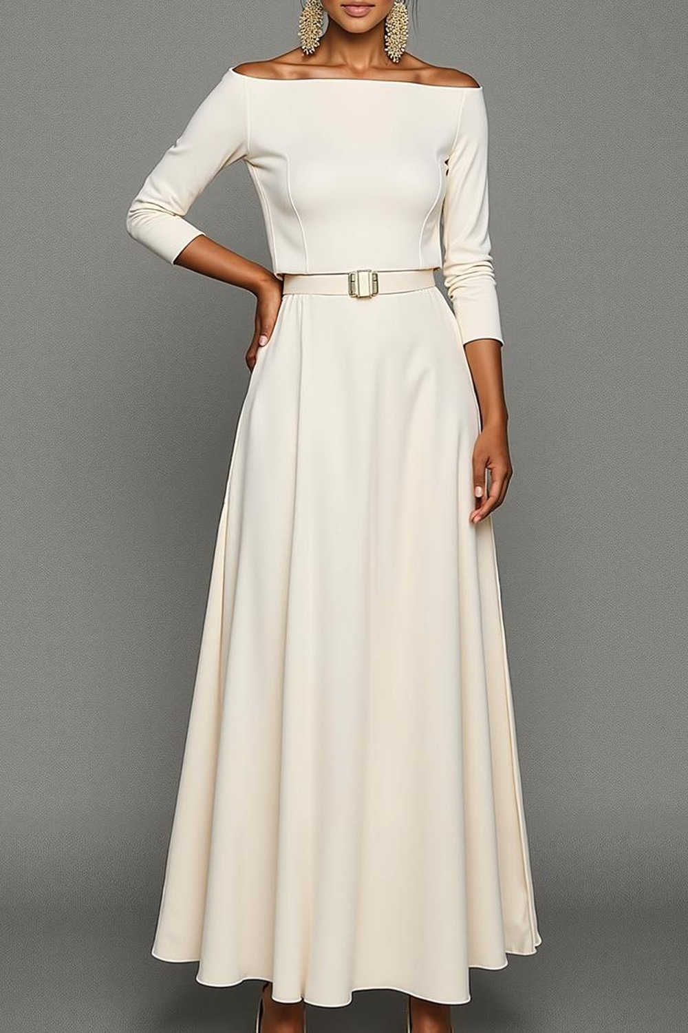 Modecrush A-Line White Off the Shoulder Long Formal Dress with Belt
