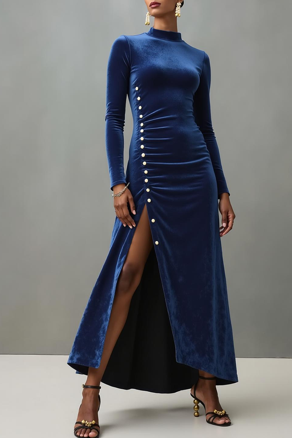 Modecrush Dark Blue Sheath Crew Neck Velvet Long Formal Dress with Slit