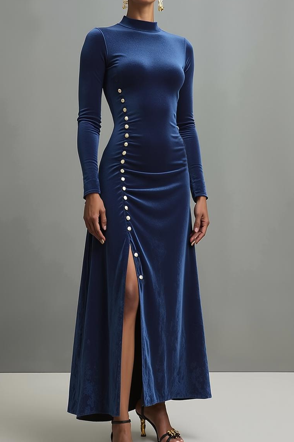 Modecrush Dark Blue Sheath Crew Neck Velvet Long Formal Dress with Slit