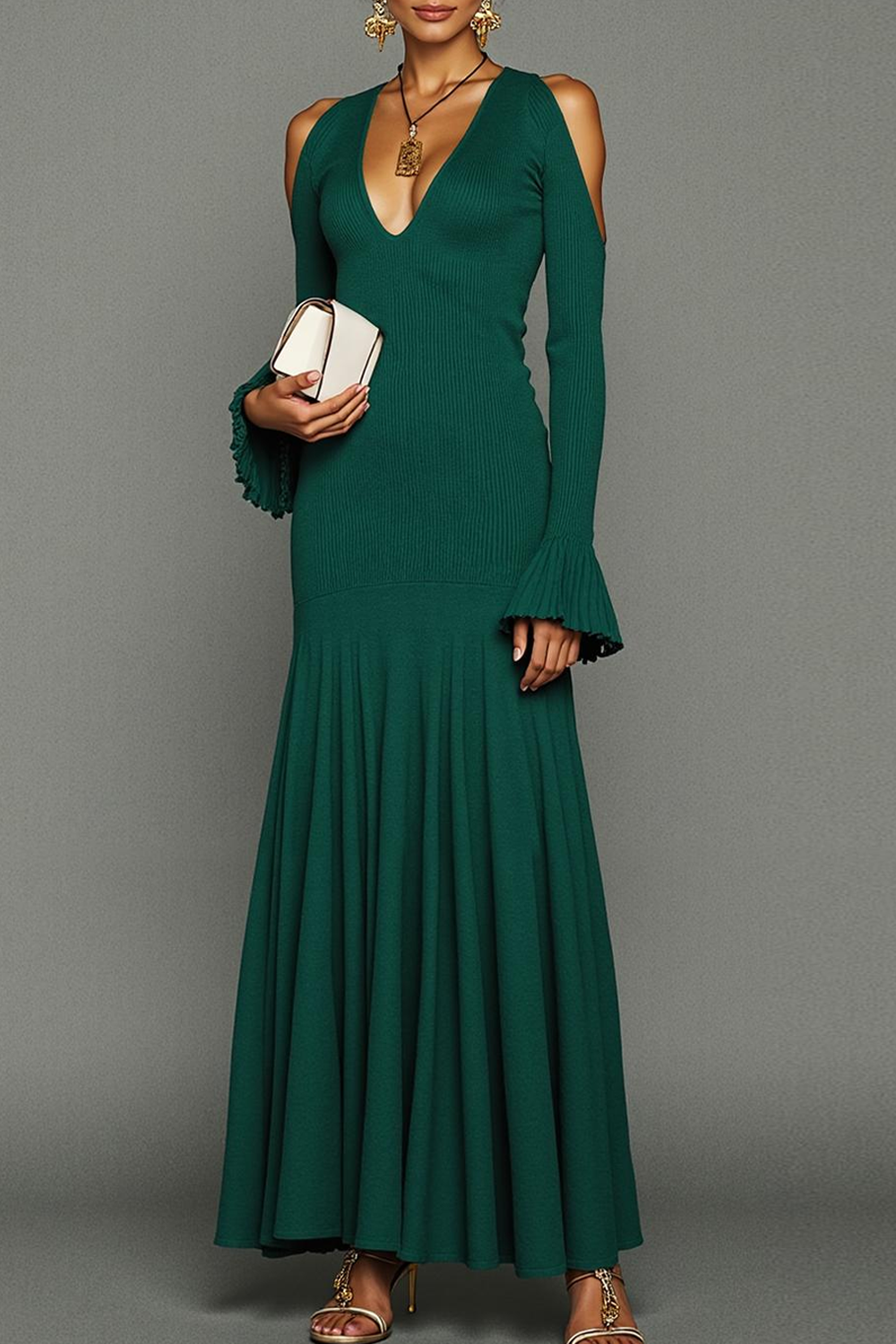 Modecrush A-Line Dark Green V-Neck Pleated Long Formal Dress 