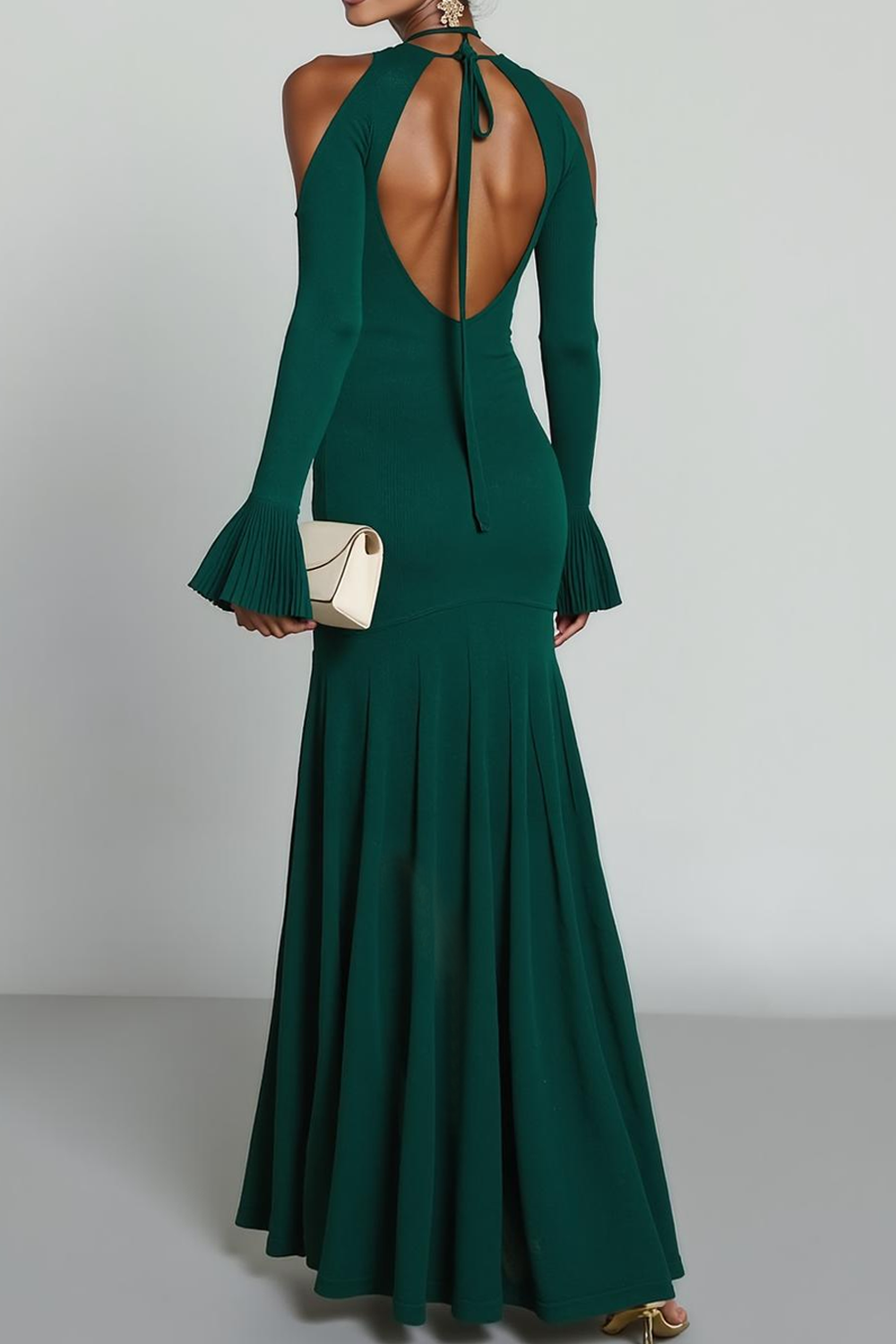 Modecrush A-Line Dark Green V-Neck Pleated Long Formal Dress 