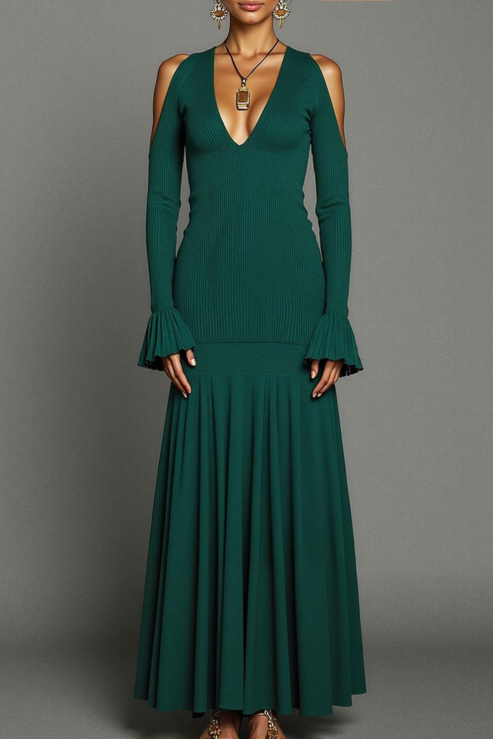 Modecrush A-Line Dark Green V-Neck Pleated Long Formal Dress 