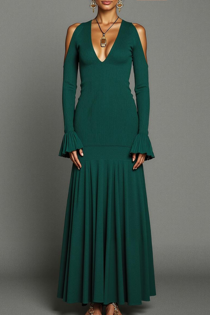 Modecrush A-Line Dark Green V-Neck Pleated Long Formal Dress 