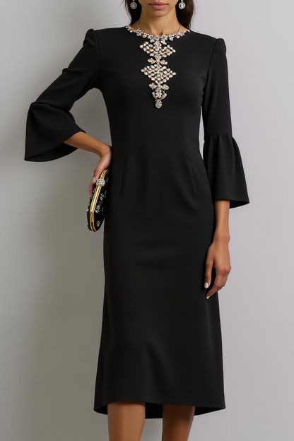 Modecrush Sheath Black Crew Neck Long Sleeves Formal Dress with Appliques