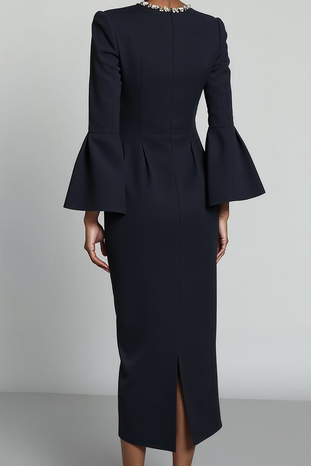 Modecrush Sheath Black Crew Neck Long Sleeves Formal Dress with Appliques