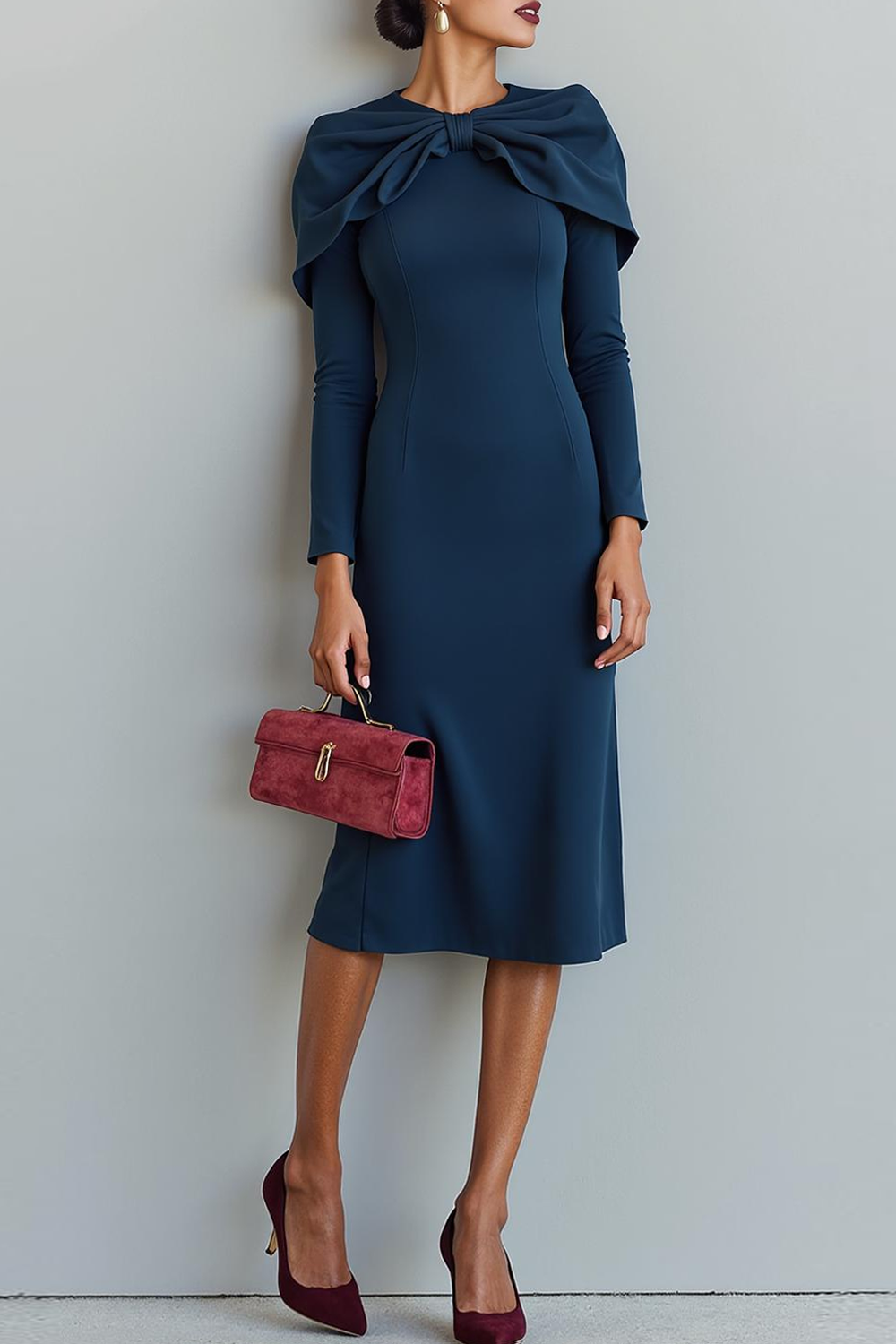 Modecrush Sheath Navy Crew Neck Long Sleeves Formal Dress 