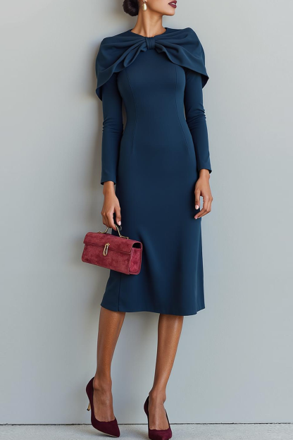 Modecrush Sheath Navy Crew Neck Long Sleeves Formal Dress 