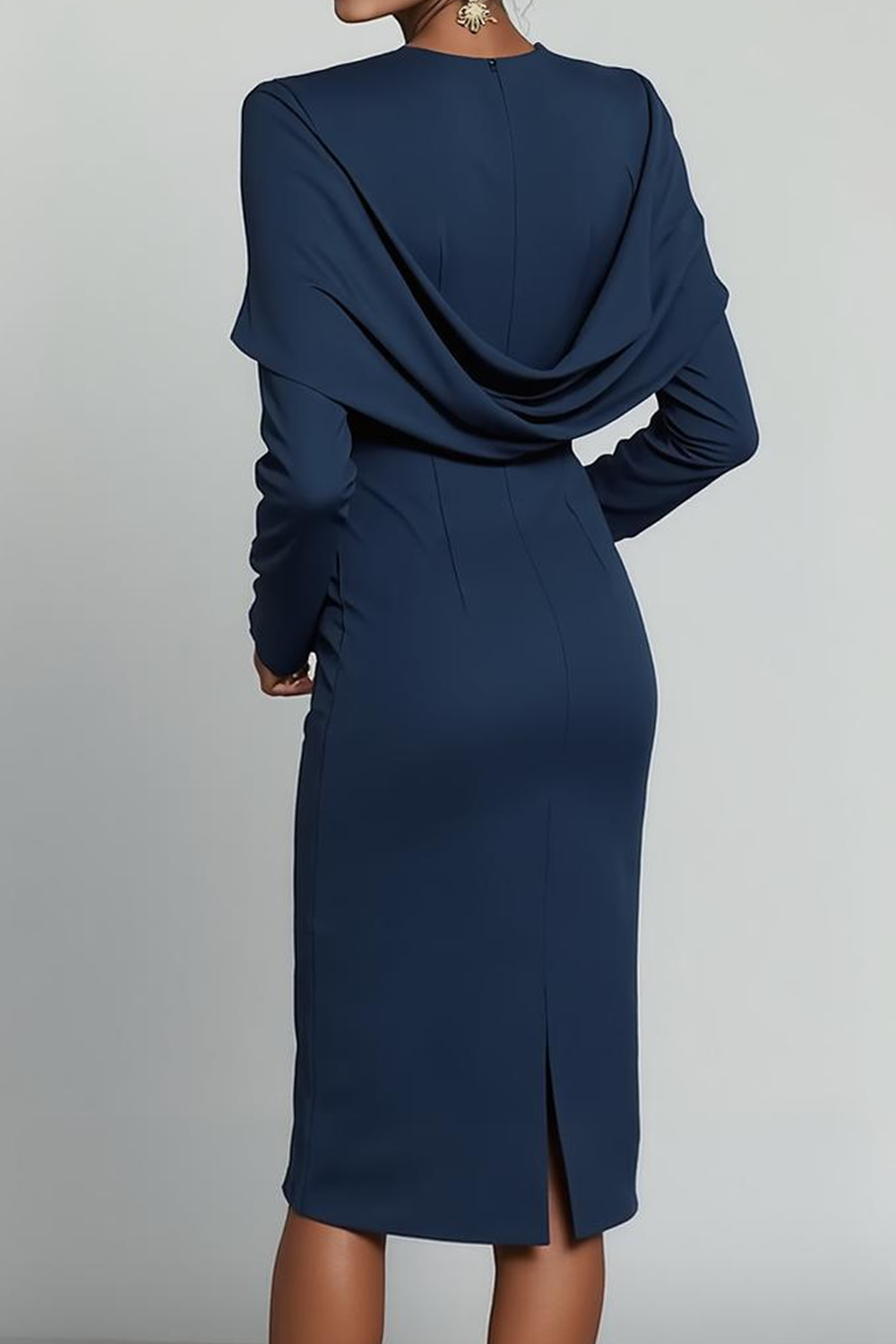 Modecrush Sheath Navy Crew Neck Long Sleeves Formal Dress 