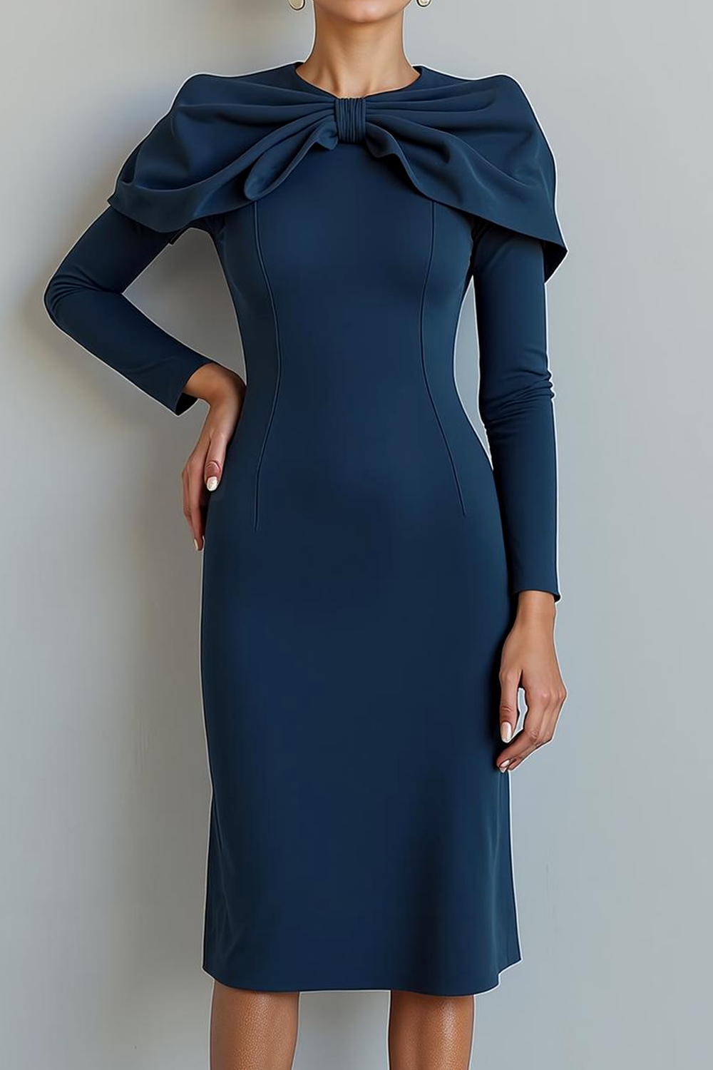 Modecrush Sheath Navy Crew Neck Long Sleeves Formal Dress 