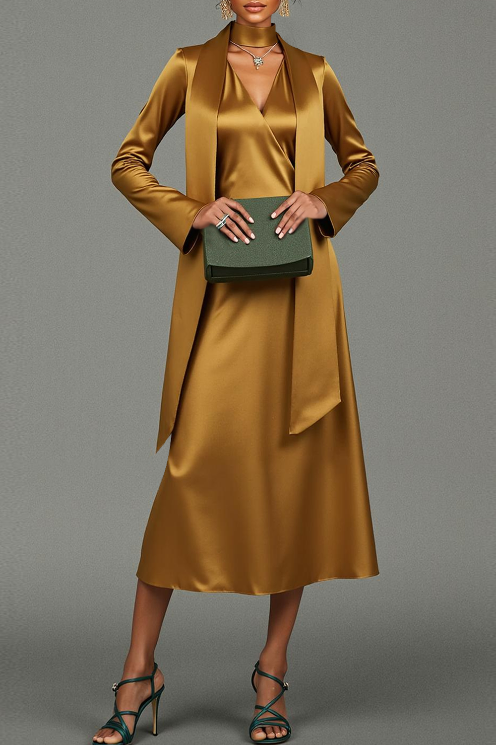 Modecrush A-Line Golden V-Neck Long Sleeves Midi Formal Dress with Cape