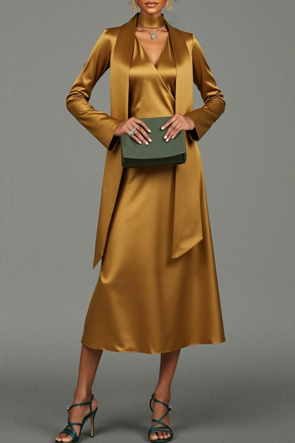 Modecrush A-Line Golden V-Neck Long Sleeves Midi Formal Dress with Cape