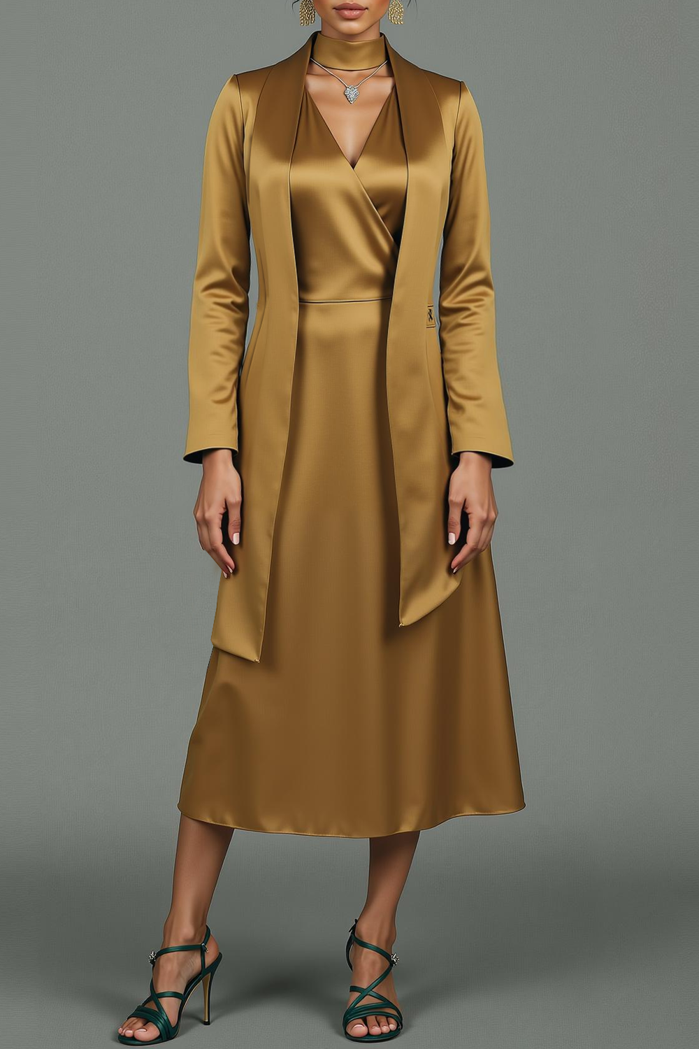 Modecrush A-Line Golden V-Neck Long Sleeves Midi Formal Dress with Cape