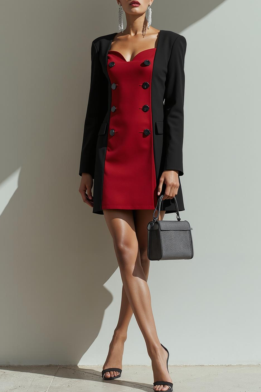 Modecrush Sheath Red&Black V-Neck Long Sleeves Splicing Short Formal Dress 