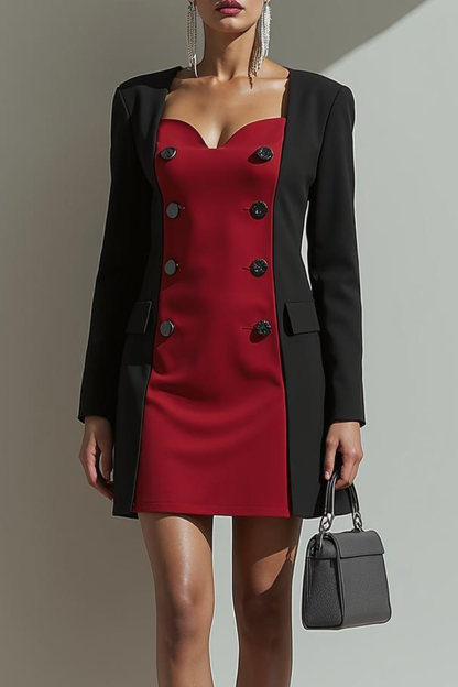 Modecrush Sheath Red&Black V-Neck Long Sleeves Splicing Short Formal Dress 