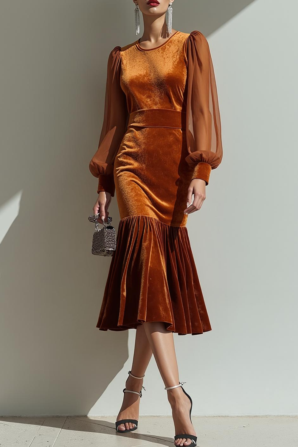 Modecrush Brown Mermaid Crew Neck Velvet Long Sleeves Formal Dress 