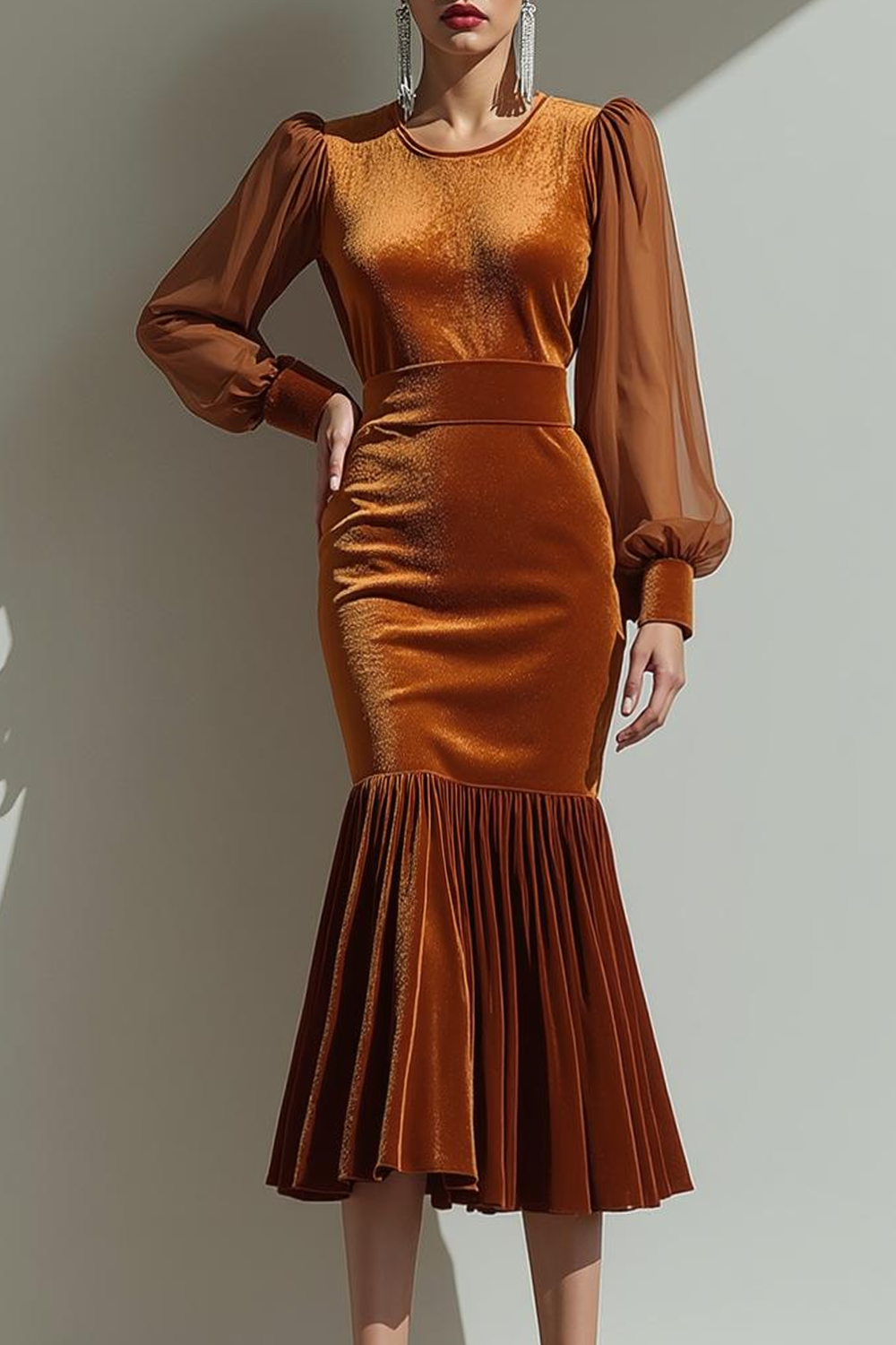 Modecrush Brown Mermaid Crew Neck Velvet Long Sleeves Formal Dress 