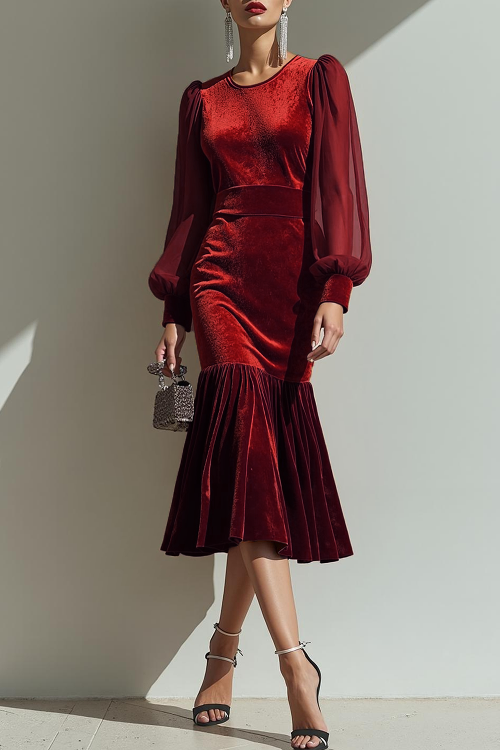 Modecrush Brown Mermaid Crew Neck Velvet Long Sleeves Formal Dress 