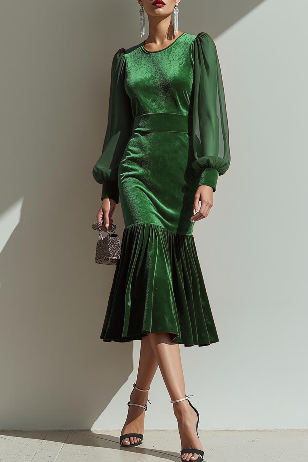 Modecrush Brown Mermaid Crew Neck Velvet Long Sleeves Formal Dress 