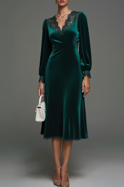 Modecrush Velvet Dark Green Sheath V-Neck Long Sleeves Formal Dress with Appliques