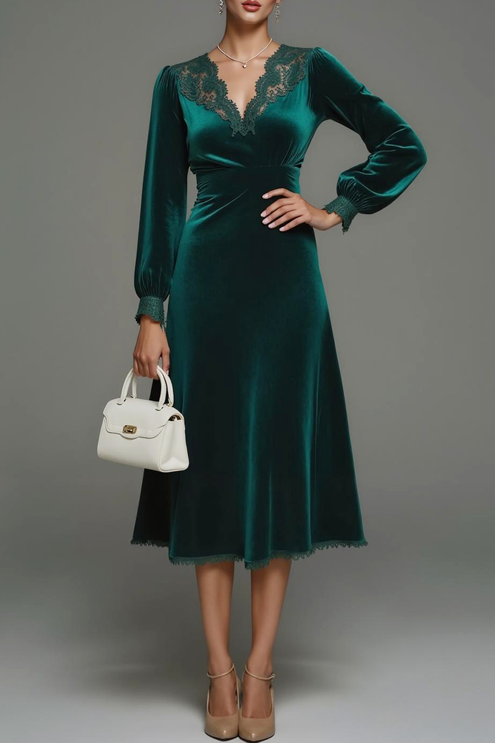 Modecrush Velvet Dark Green Sheath V-Neck Long Sleeves Formal Dress with Appliques