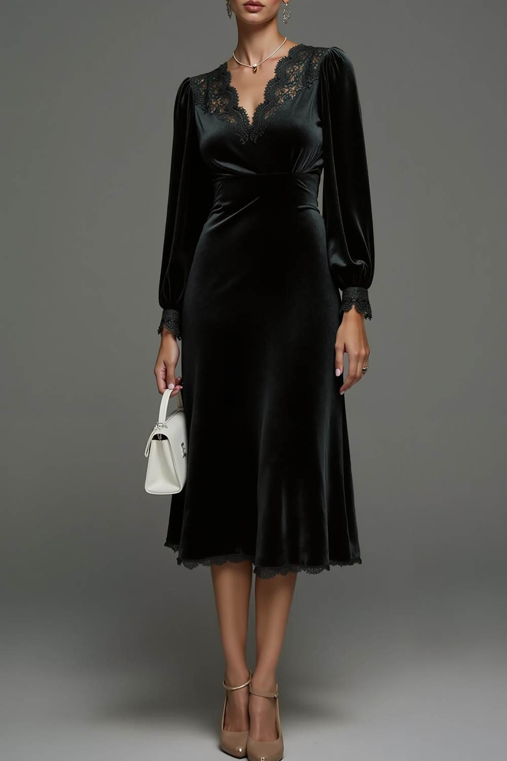 Modecrush Velvet Dark Green Sheath V-Neck Long Sleeves Formal Dress with Appliques