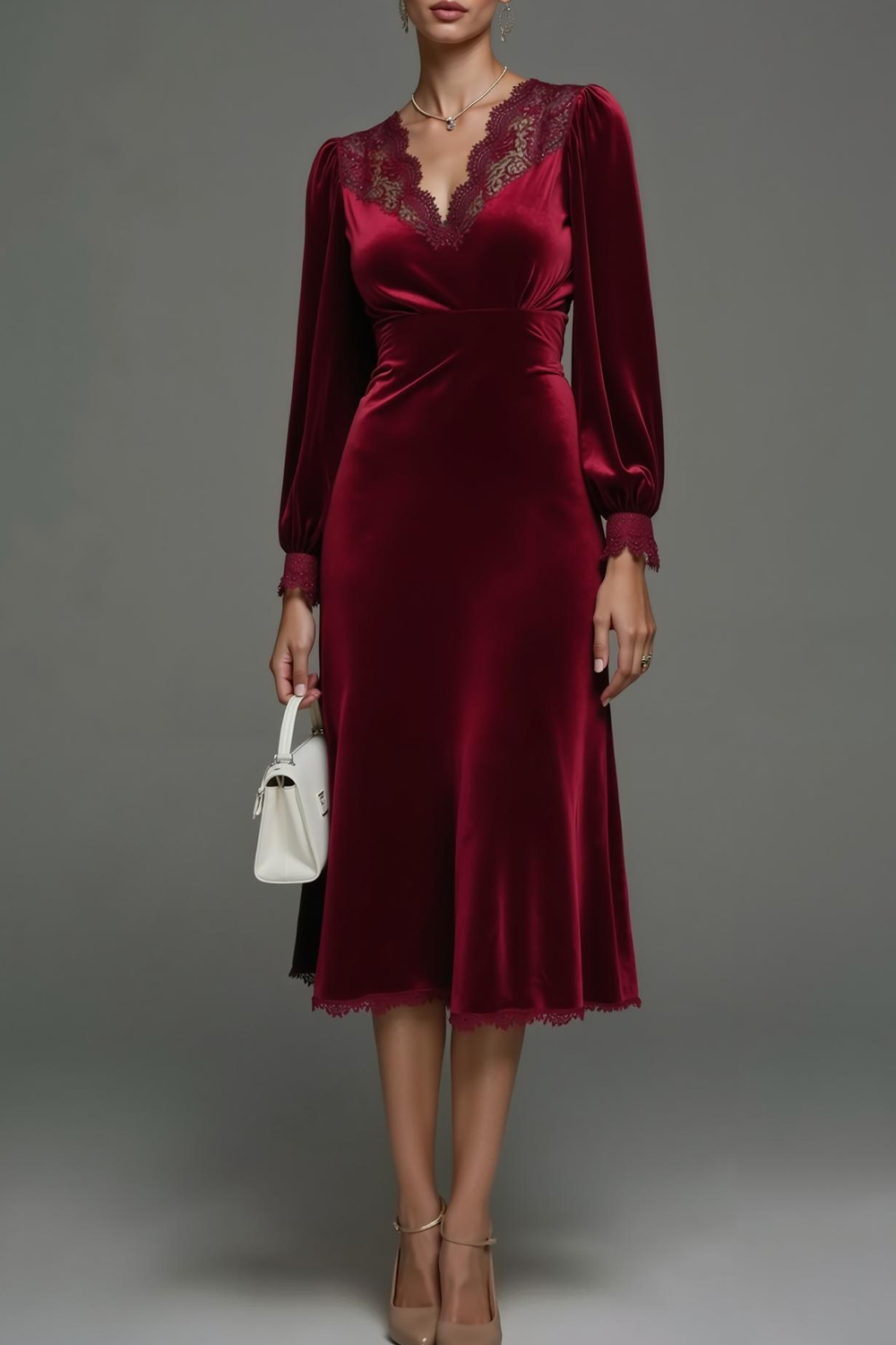 Modecrush Velvet Dark Green Sheath V-Neck Long Sleeves Formal Dress with Appliques