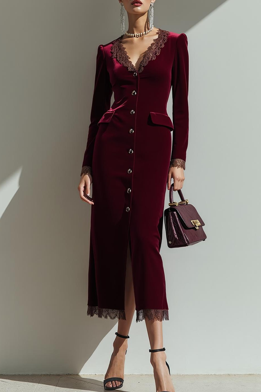 Modecrush Velvet Cabernet Sheath V-Neck Long Sleeves Formal Dress with Appliques