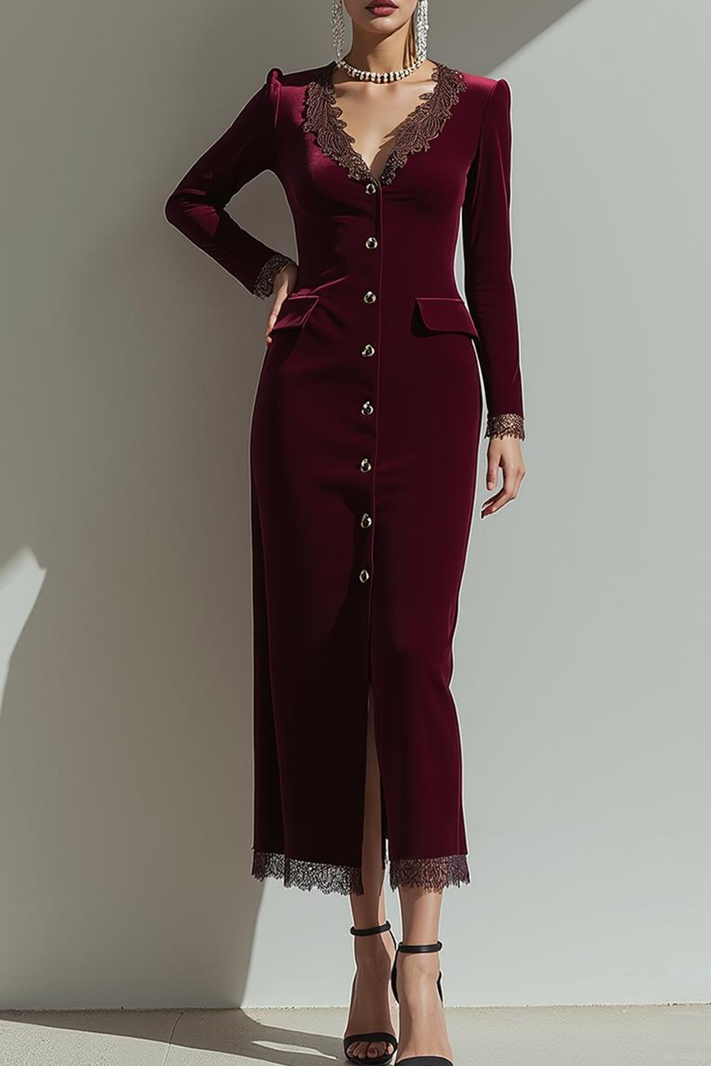 Modecrush Velvet Cabernet Sheath V-Neck Long Sleeves Formal Dress with Appliques