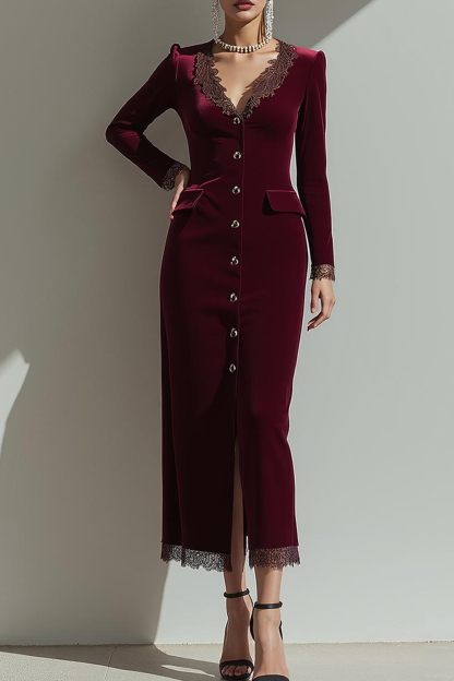 Modecrush Velvet Cabernet Sheath V-Neck Long Sleeves Formal Dress with Appliques