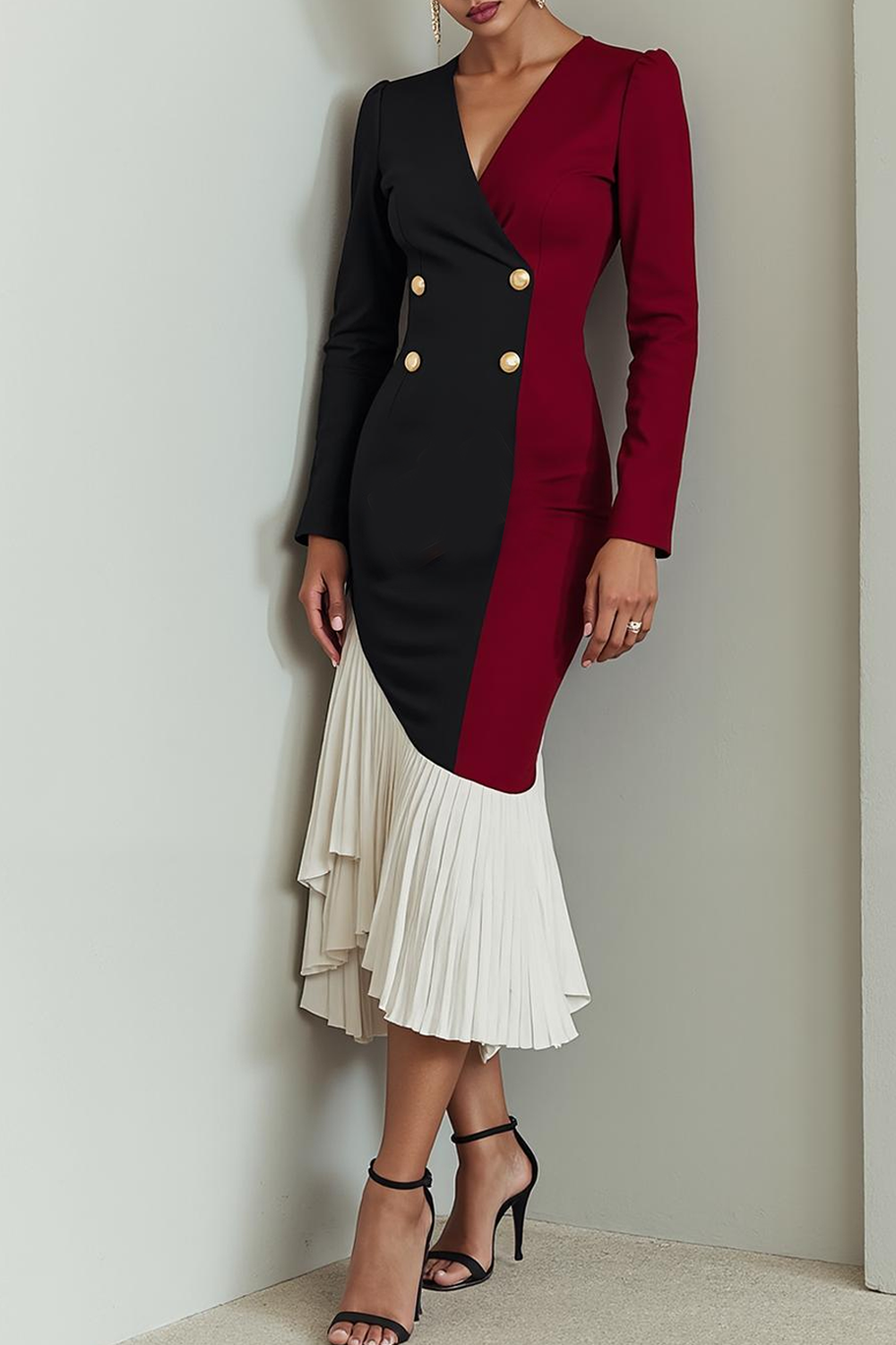 Modecrush Mermaid Red&Black V-Neck Long Sleeves Splicing Formal Dress 