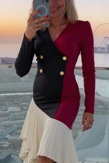 Modecrush Mermaid Red&Black V-Neck Long Sleeves Splicing Formal Dress 