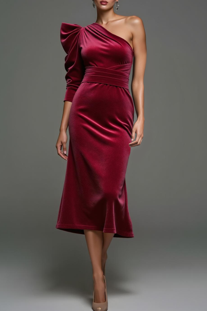 Modecrush Cabernet Sheath One Shoulder Midi Velvet Formal Dress 