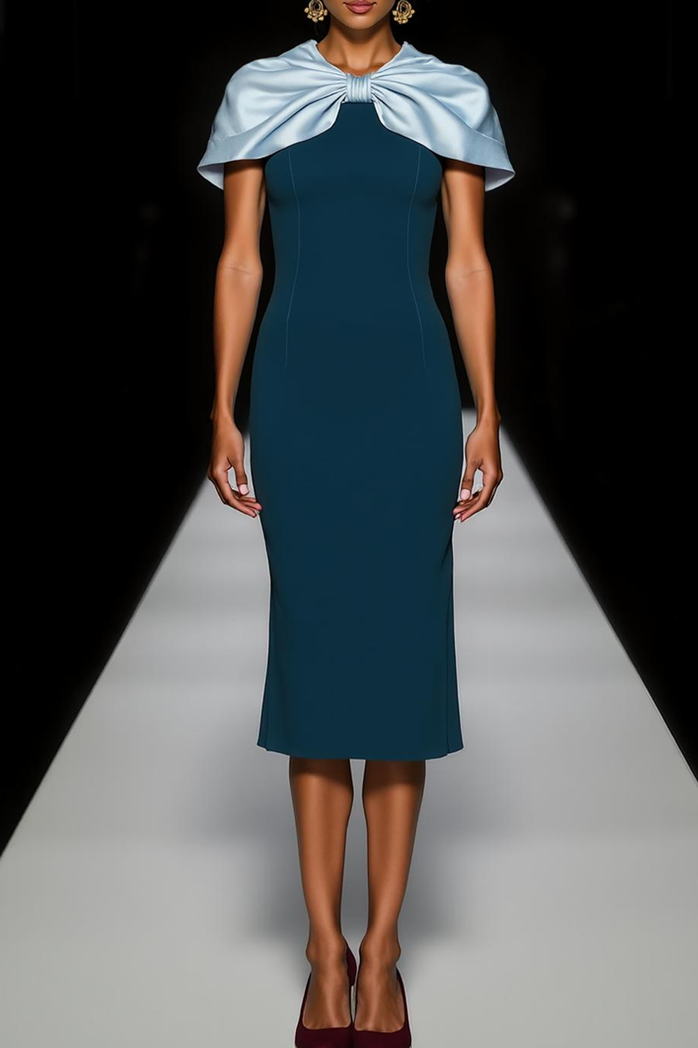 Modecrush Sheath Peacock Blue Crew Neck Sleeveless Midi Formal Dress 