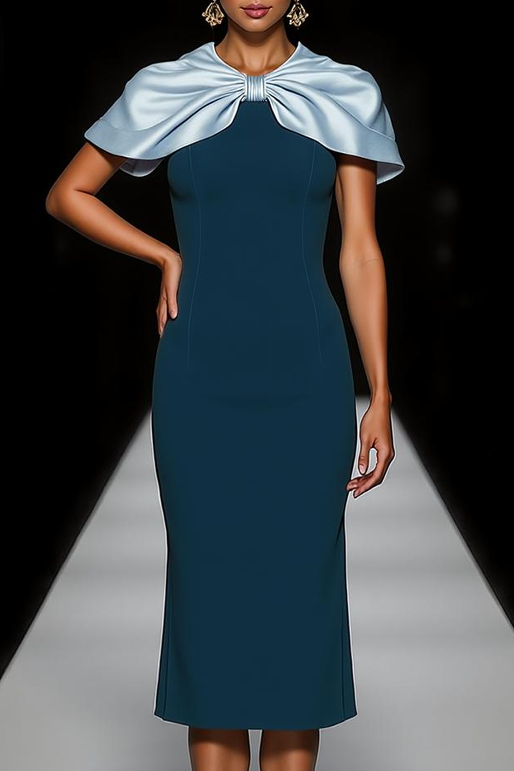 Modecrush Sheath Peacock Blue Crew Neck Sleeveless Midi Formal Dress 